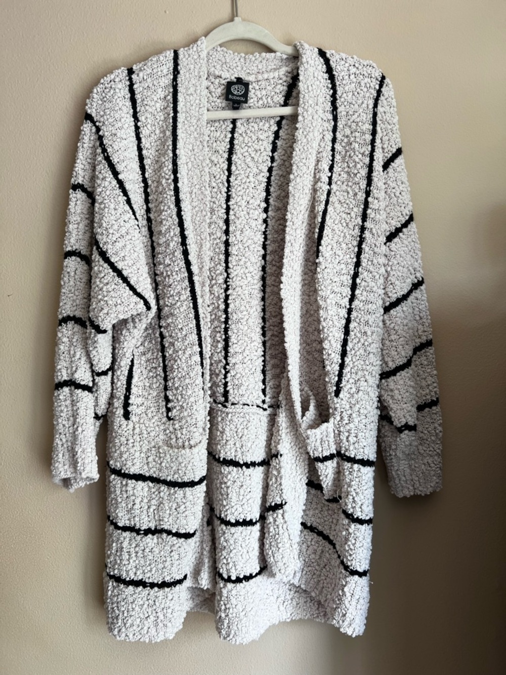 Bobeau Textured Boucle Cardigan – Black & White Stripes – Size L